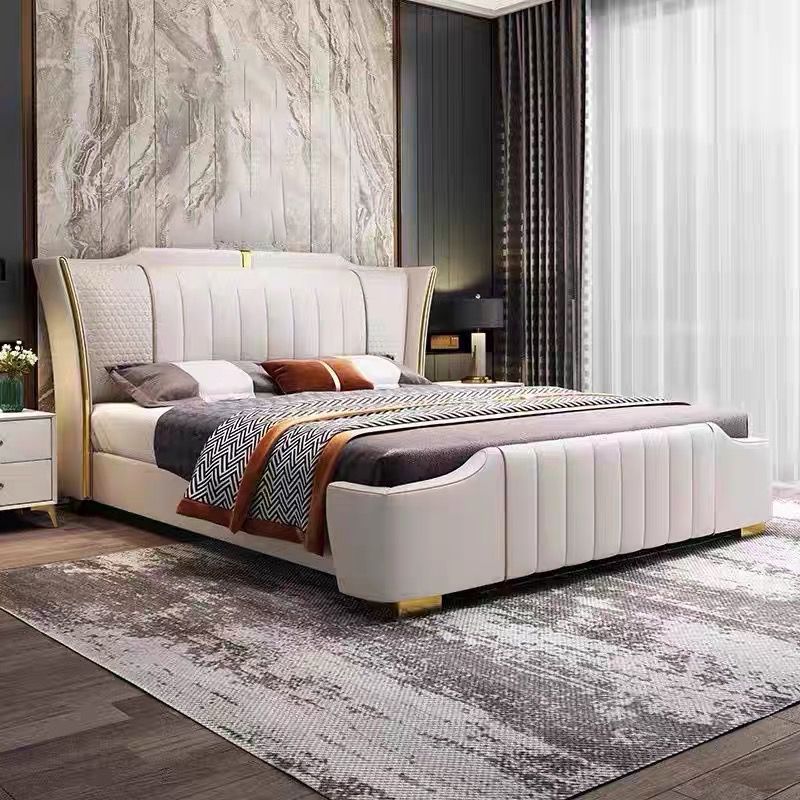 Glam Pine Wood Upholstered Headboard Rectangular Wingback Bed