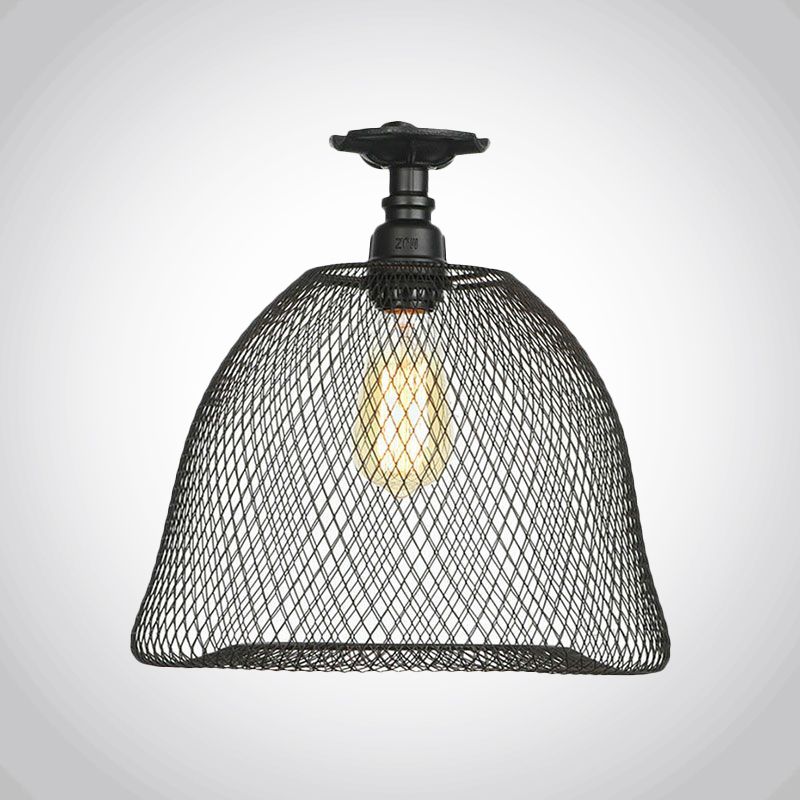 1 Bulb Saucer/Barrel Semi Flush Light Industrial Stylish Black Finish Metal Ceiling Mounted Light with Mesh Screen