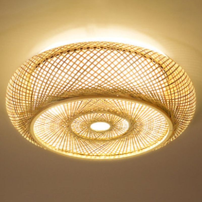 Circulaire Flush Mount Light Fixture Asian Rattan Flush Mount Lamp in Light Beige Finish