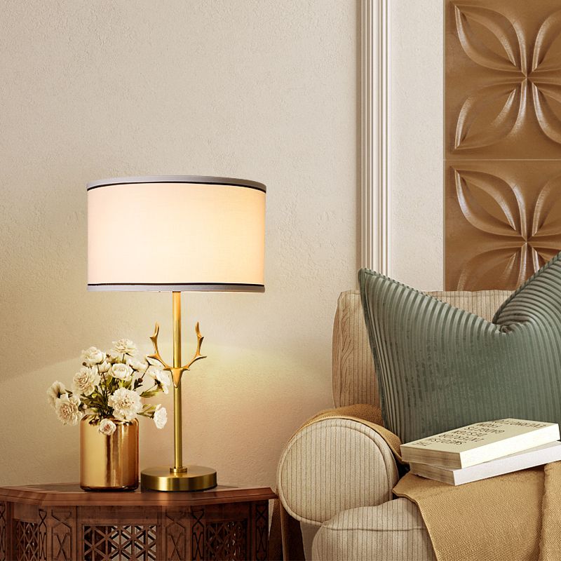 Fabric Drum Table Lamp Simplicity 1 Bulb Bedside Nightstand Light with Antler Decor in White