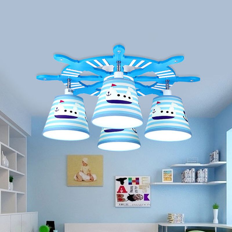 Nautical Style Steamship Semi Flush Ceiling Light Wood 4 Lights Blue Ceiling Lamp for Foyer
