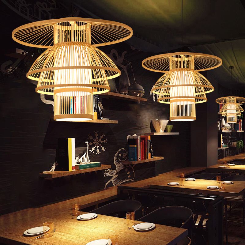 Asian Style Handmade Ceiling Light Bamboo 1 Bulb Restaurant Hanging Light Fixture in Wood