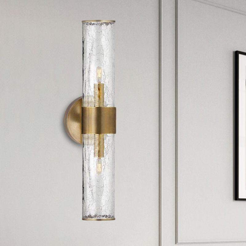 2 Bulbs Cylindrical Sconce Light Contemporary Crackle Glass Wall Mounted Lighting in Brass