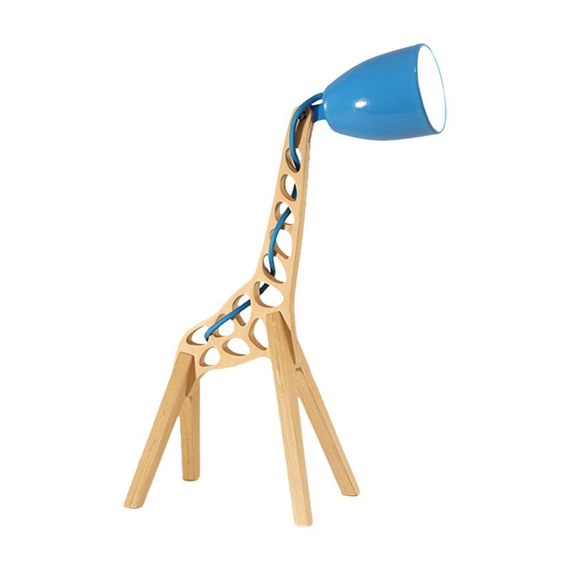 Cartoon Bell Night Light Metal 1-Light Bedroom Table Lamp in Blue/Red/Green with Standing Giraffe Wood Base
