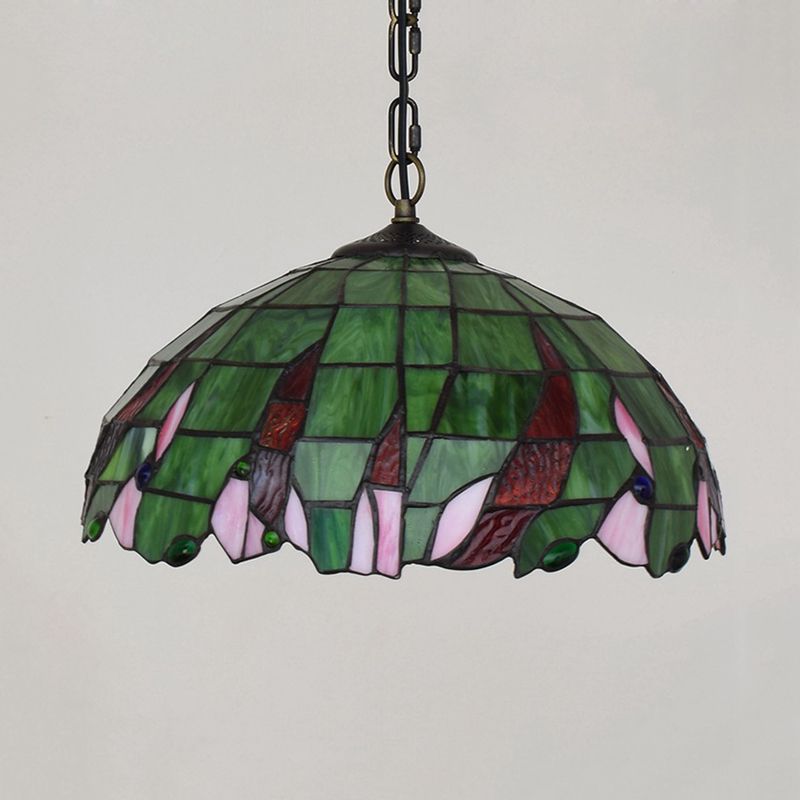 Stained Glass Domed Suspension Lamp Tiffany Stylish Green Ceiling Pendant Light for Bedroom