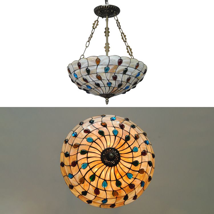 16"/18" W Tiffany Ceiling Lighting 3 Lights Jeweled Semi Flush Light in Beige with Chain and Art Glass Shade