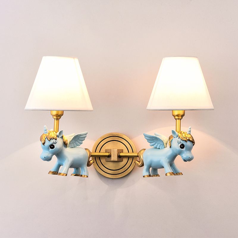 Kid Flying Unicorn Wall Mount Light Kids Resin Child Room Wall Light Fixture with Tapered Fabric Shade
