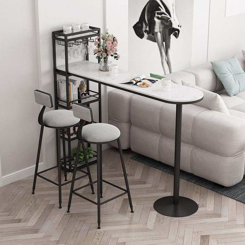 Glam Stone Bar Table Metal Base with Wine Rack for Living Room