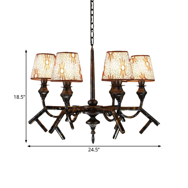 6 Lights Fabric Chandelier Lamp Traditional Brass Conical Restaurant Down Lighting Pendant