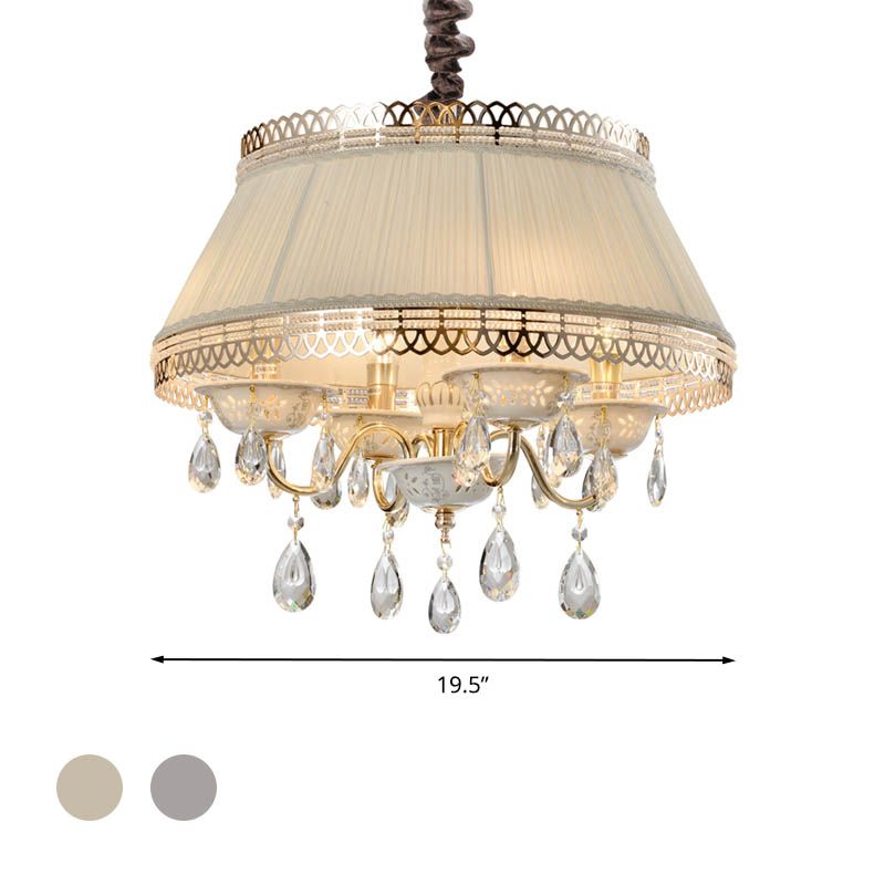 Empire Shape Fabric Light Chandelier Contemporary 4 Heads Bedroom Pendant plafond Light en gris / beige avec goutte de cristal