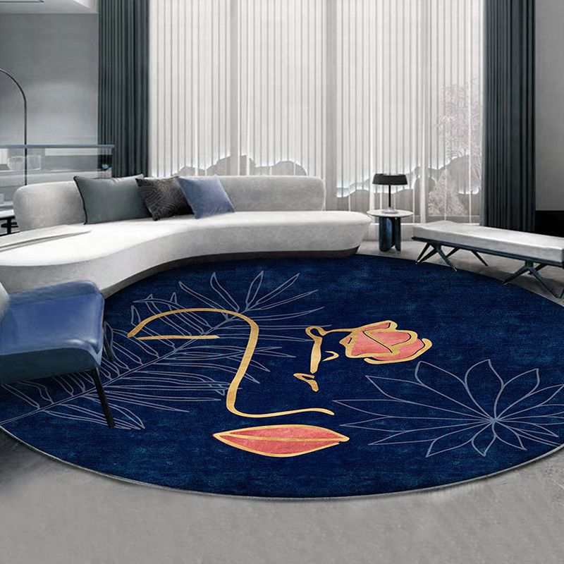 Navy Modern Rug Polyester Abstract Print Rug Washable Rug for Living Room