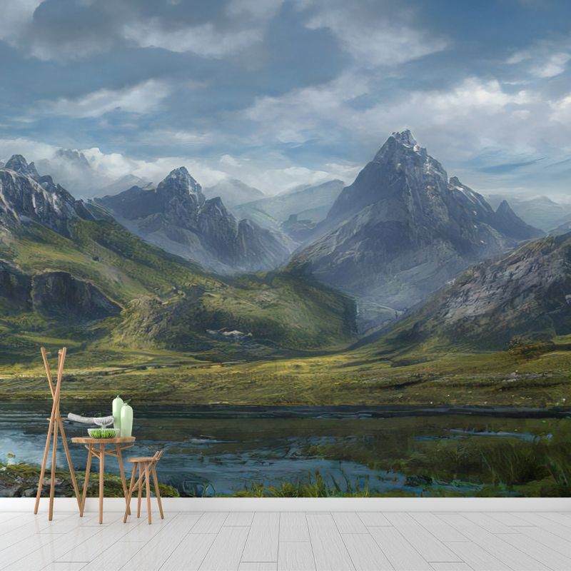 Mountain Landscape Illustration Mural for Guest Room Decoration, Mildew Resistant