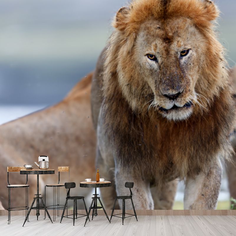 Non-Woven Big Brown Mural Modern Lion Wall Covering for Living Room, Custom Size