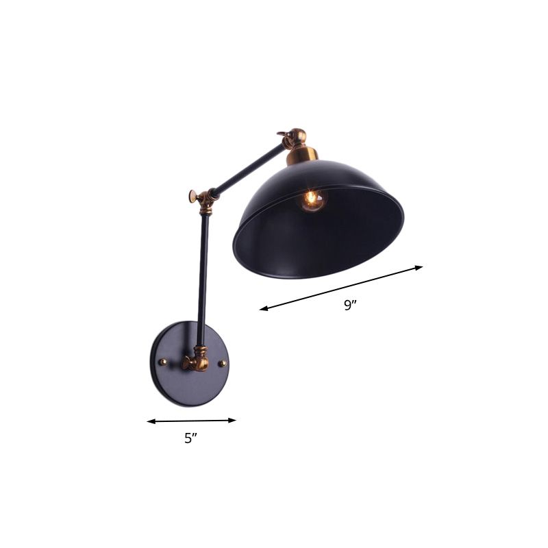 1 Bulb Sconce Light Vintage Swing Arm Metal Wall Lighting with Bowl Shade in Black for Stairway