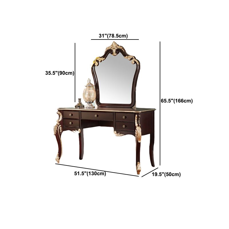 Brown Makeup Counter with Mirror 19.68" Wide Wood Vanity Tables with 5 Drawers