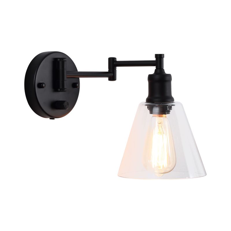 One Bulb Wall Light with Cone Shade Clear Glass Industrial Indoor Sconce Lighting Fixture in Black