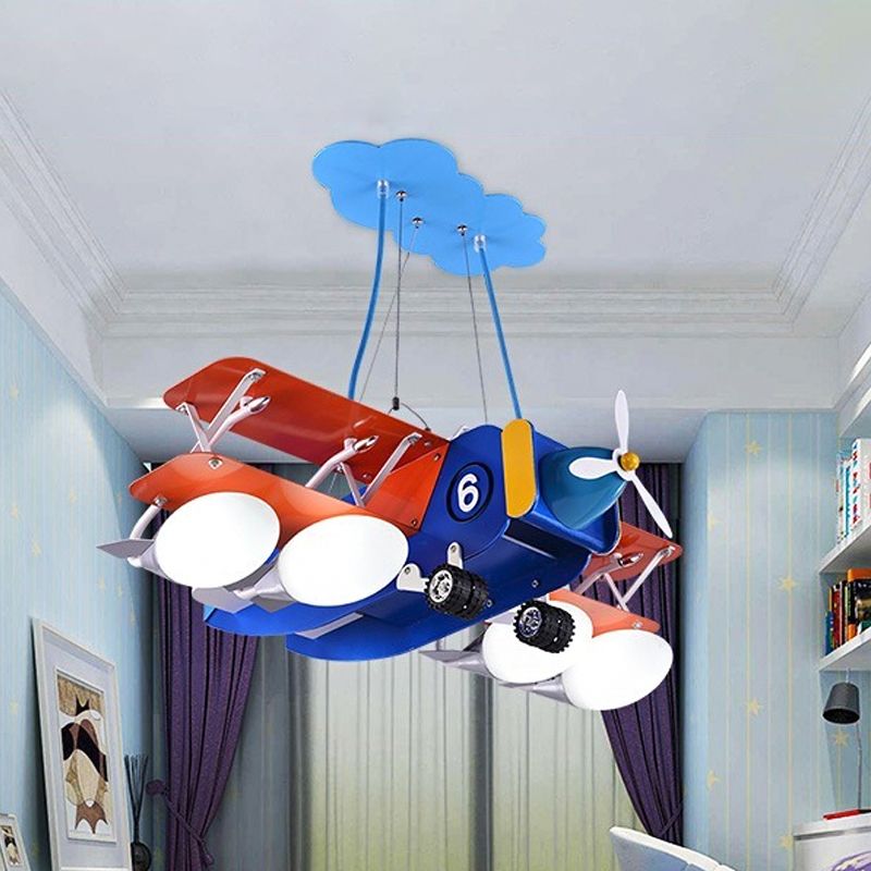 Blue and Red Biplane Chandelier Cartoon 4-Light Wooden Suspension Lighting with Oval Milk Glass Shade