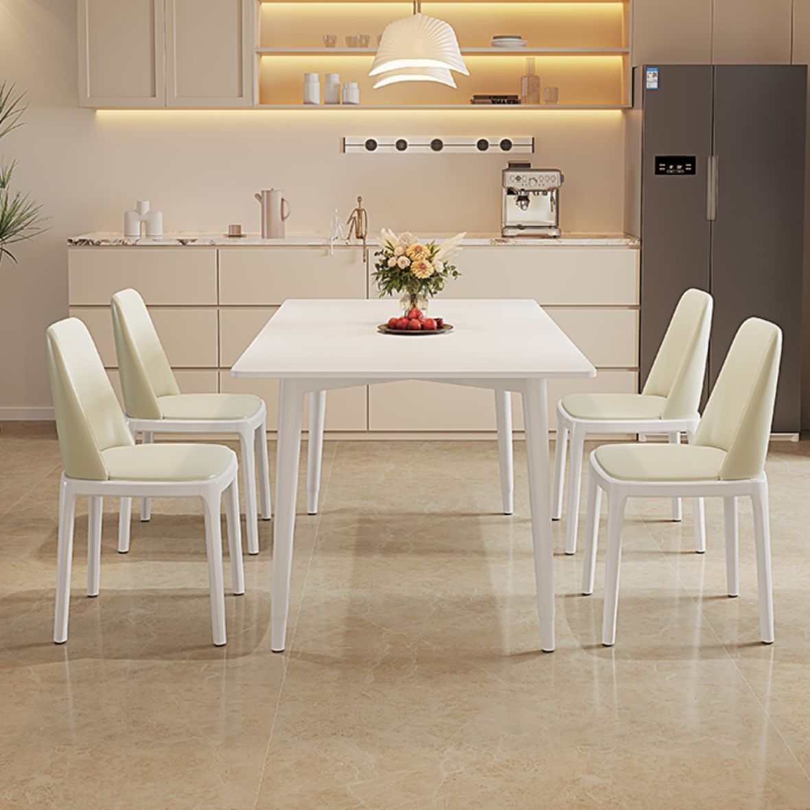 Modern Rectangular Dining Table White Stone Tabletop with Wood Legs