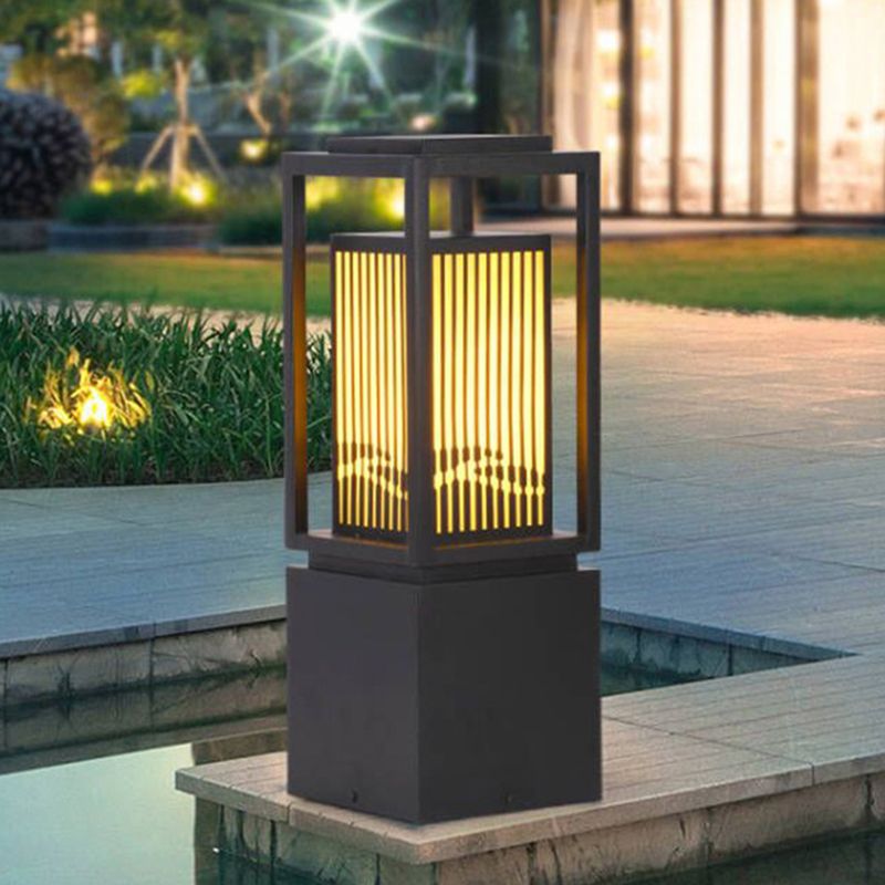 Modern Metal Solar Pillar Lamp Rectangle Shape Outdoor Waterproof Light in Black