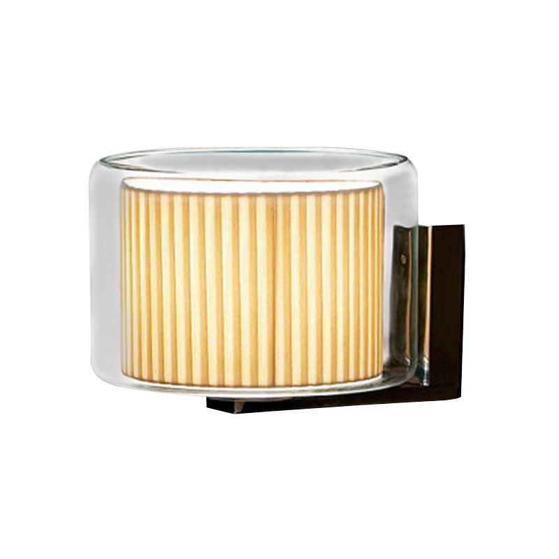 Beige Drum Wall Lamp Modernist 1 Head Pleated Fabric Sconce Light Fixture with Exterior Transparent Glass Shade