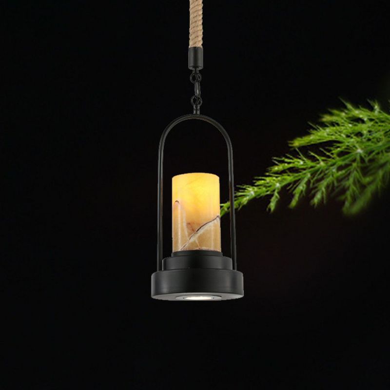 Faux Candle Wine Bar Pendant Lamp Rural Marble 1-Light Black Hanging Light Fixture with Arched Frame and Rope Detail