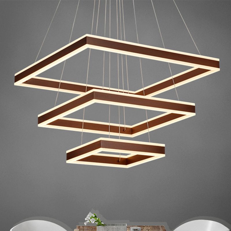 Square Ceiling Pendant Modern Acrylic 1/2/3-Head LED Brown Chandelier Light in Warm/White Light