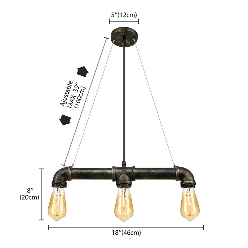 Aged Brass Pipe Ceiling Light Fixture with Open Bulb Antique Style Iron 3 Lights Indoor Island Pendant Light