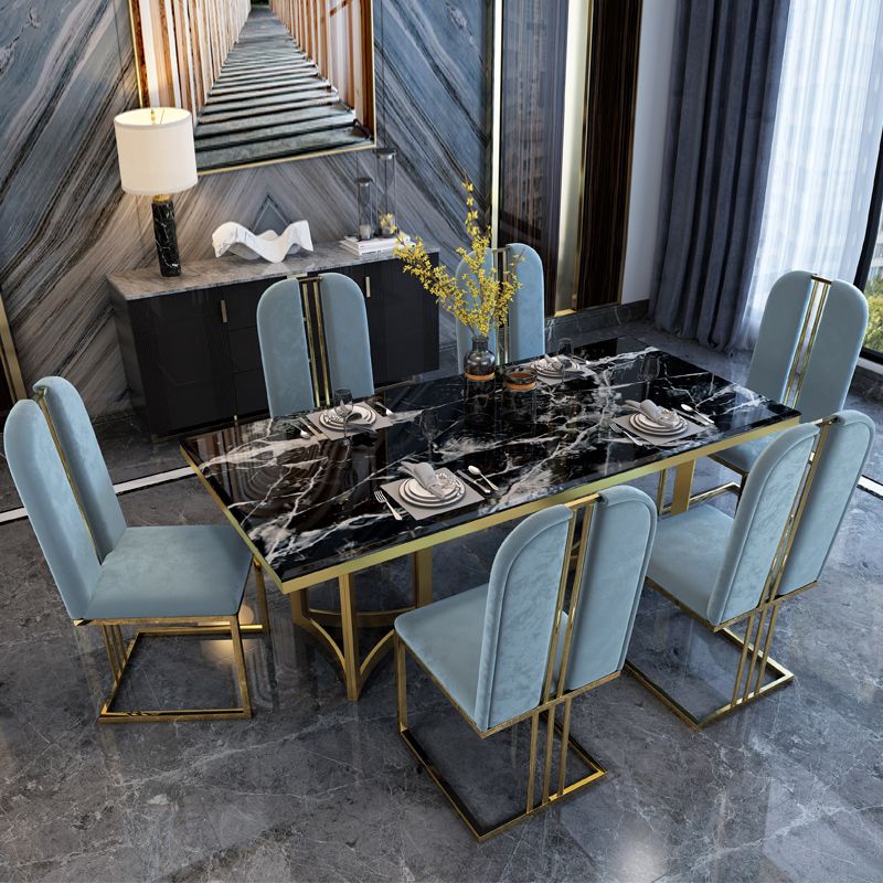 Luxury Sintered Stone Top Kitchen Table Rectangle Table with Gold Double Pedestal