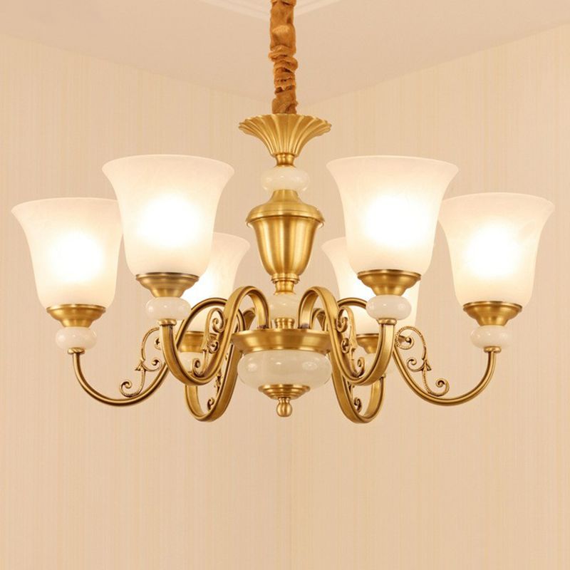 Bell Shaped Restaurant Suspension Lighting Colonial Style Frosted Glass Brass Chandelier Light Fixture