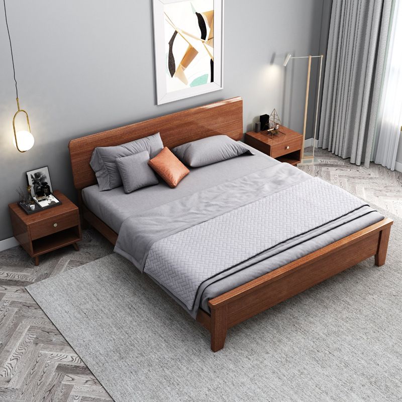 Queen Bed 43.3 Inch High Walnut Panel Bed in Brone with 4 Legs