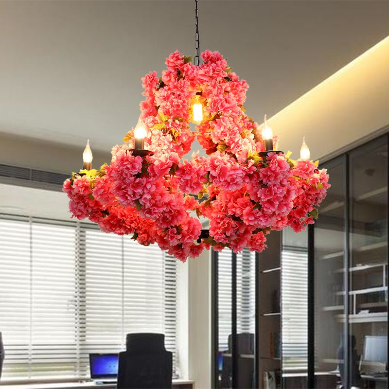 7 Lights Cherry Blossom Chandelier Antique Pink Metal LED Pendant Light for Restaurant