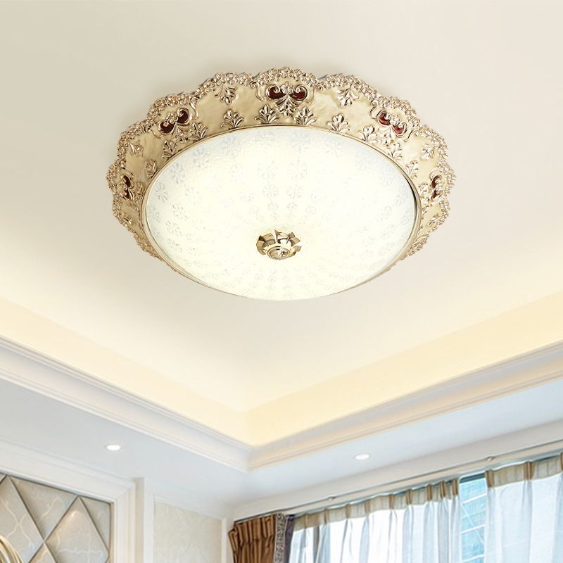 Milky Glass Dome Shaped Flushmount Retro Style LED Bedroom Close to Ceiling Lighting in Gold, 14"/16"/19.5" W