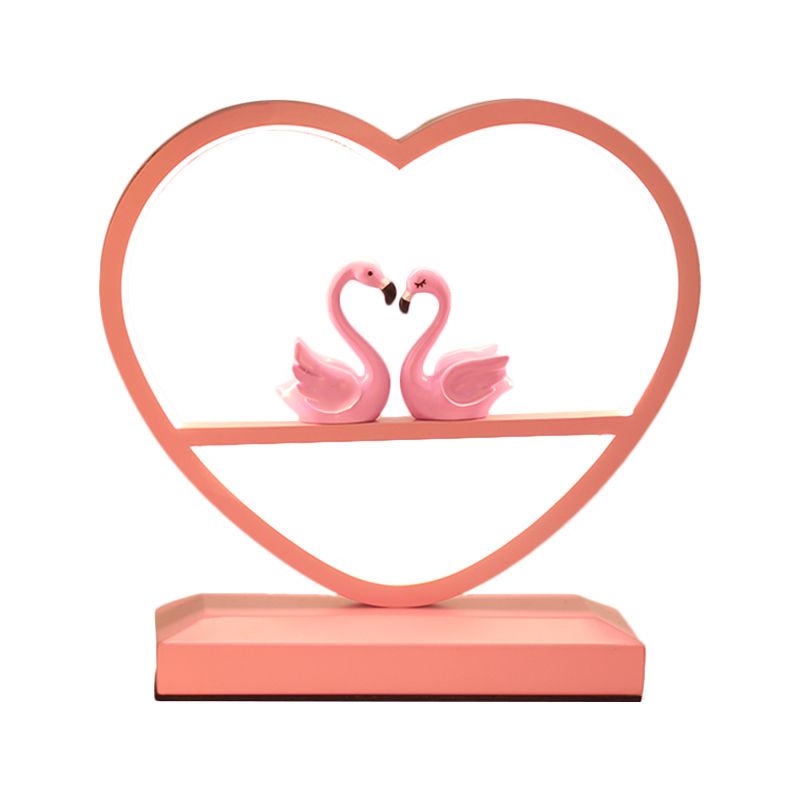 Nordic Loving Heart Night Lamp Metallic Sleeping Room LED Table Light with Swans Deco in Pink