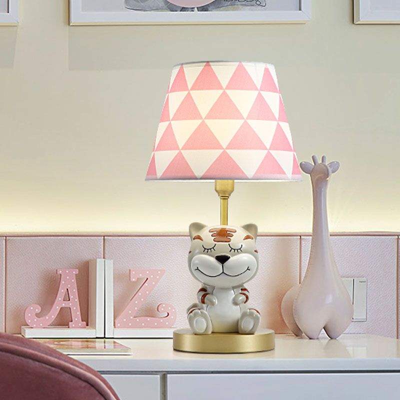 Conical Triangle-Print Fabric Table Light Kids Single Bulb Pink/Blue Night Stand Lamp with Resin Tiger Base