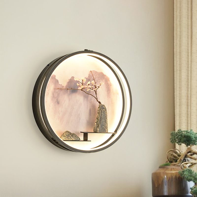 Oriental Routed Mall Murd Mur LED Mur mural Mural en noir avec un motif de montagne et de fleur