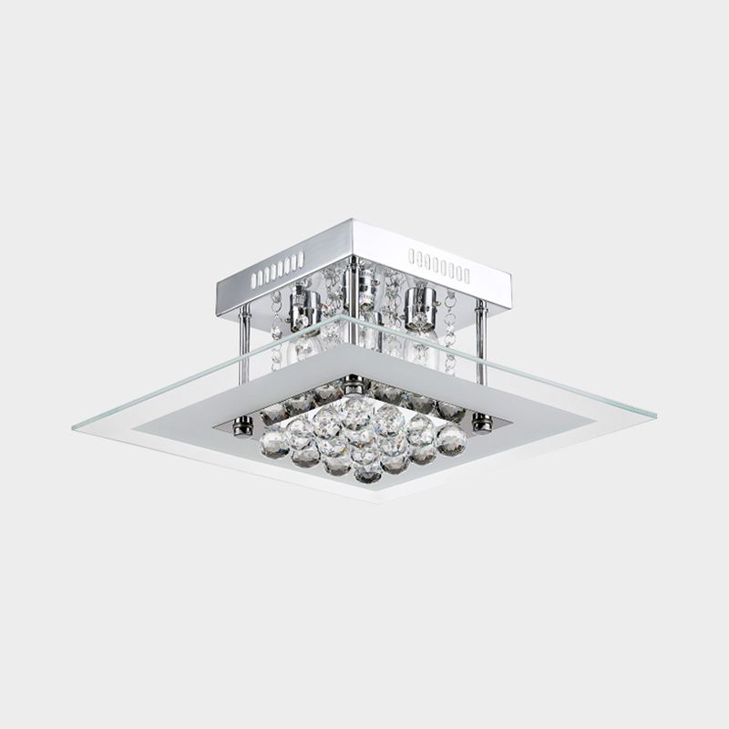 Square Crystal Flush Mount Modern Style 4-Light Chrome Finish Bedroom Ceiling Lamp