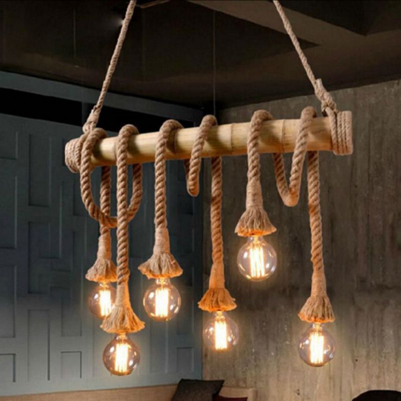 Hemp Rope Pendant Lamp Industrial Style Beige Linear Restaurant over Island Lighting