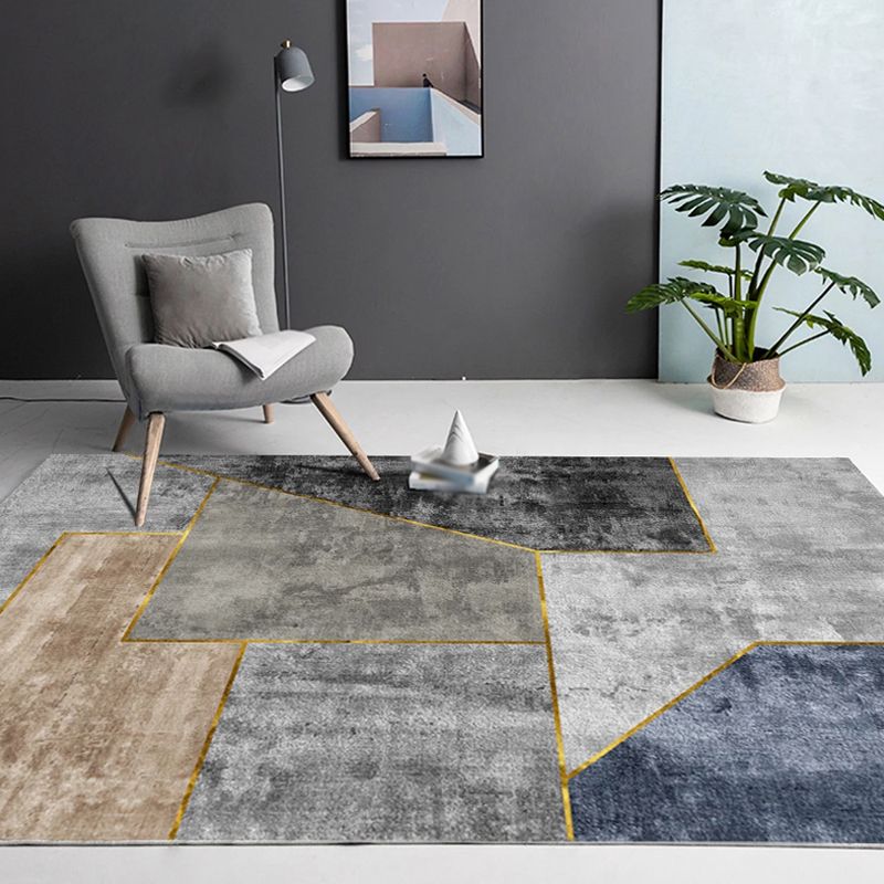 Grey Living Room Rug Modernism Geometric Pattern Rug Polyester Washable Anti-Slip Backing Pet Friendly Carpet