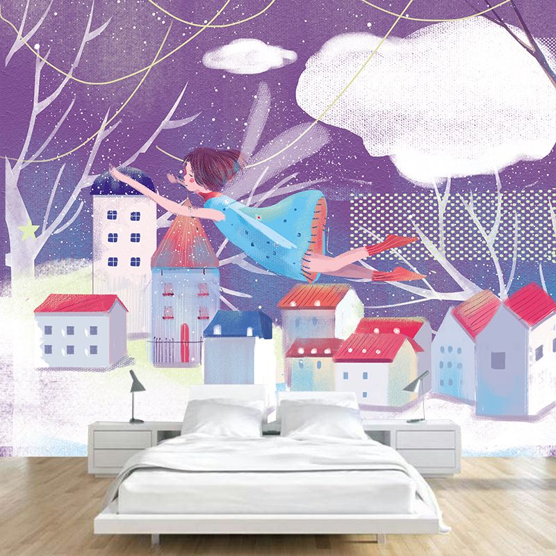 Purple-White Fairy Tale Mural Decal Winter Scenery Nordic Stain Proof Wall Covering