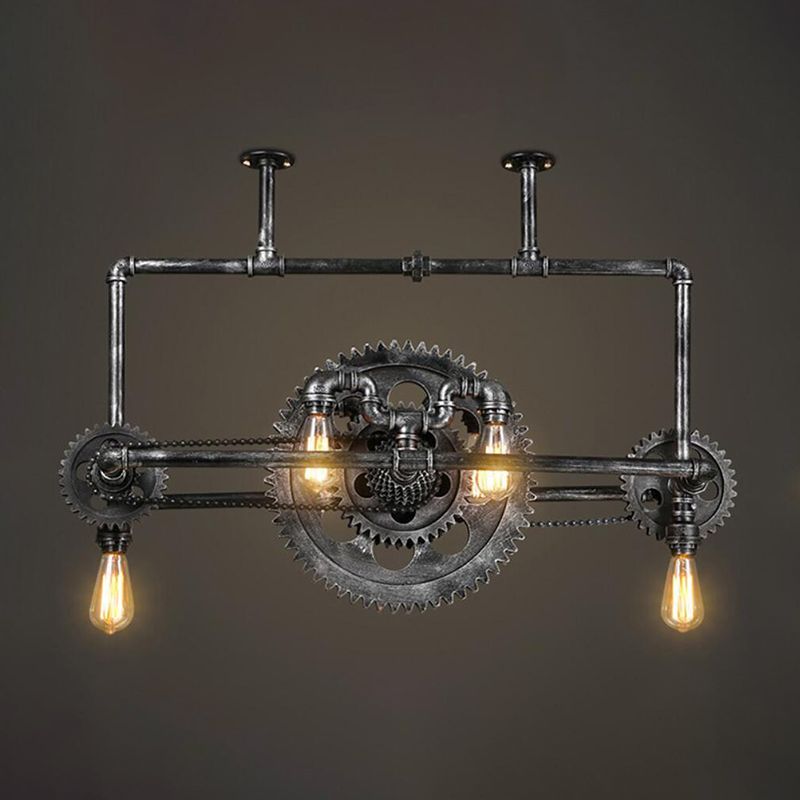 Bike-Like Metallic Hanging Lighting Vintage 6-Light Restaurant Island Lamp Fixture in Black