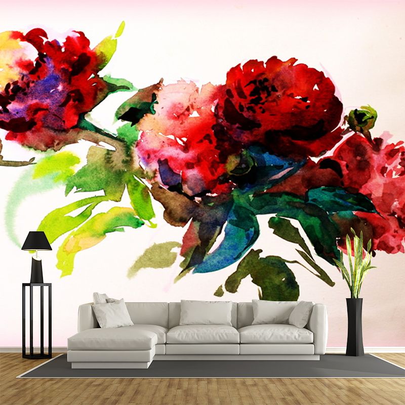 Stylish Peony Blossom Painting Mural Wallpaper Red and Green Stain Resistant Wall Covering for Home