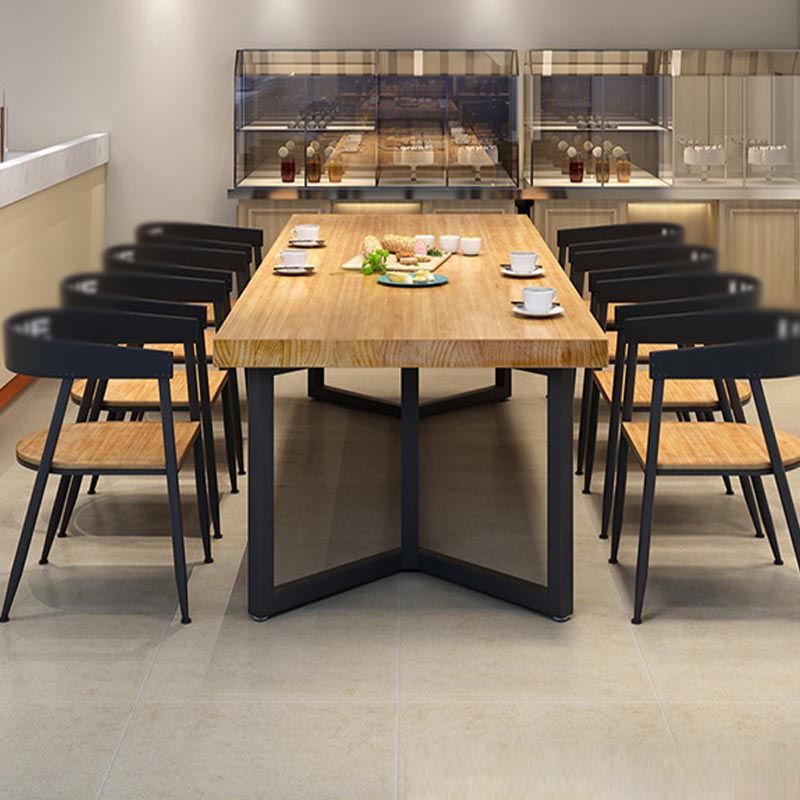 Black Metal Trestle Base Dining Table Rectangle Solid Wood Top Kitchen Dining Table