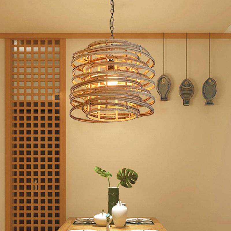 Asia 1 Head Pendant Lighting Wood Swirling Hanging Lamp Kit with Bamboo Shade for Massage House