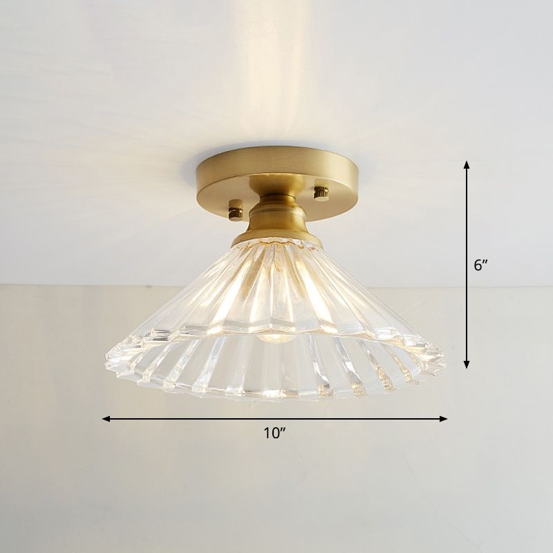 Industrial Small Ceiling Light Fixture 1-Light Textured Glass Semi Flush Mount in Brass for Aisle