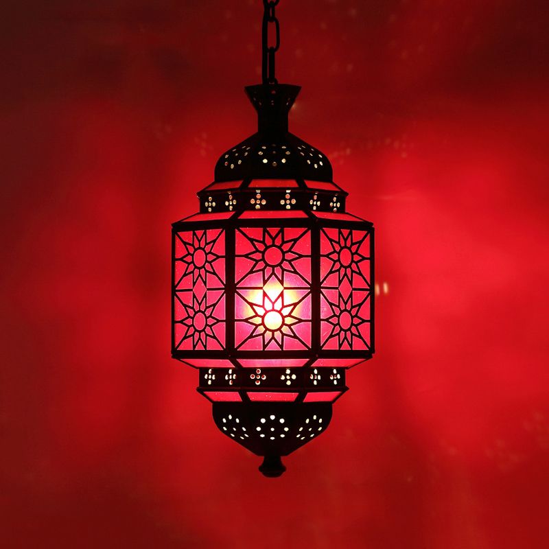 Metal Lantern Suspension Lighting Arab 1 Head Restaurant Drop Lamp with Red Glass Shade