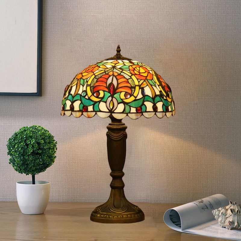 Domed Cut Glass Night Table Light Victorian 1 Light Beige/Orange Floral Patterned Desk Lighting with Blaster