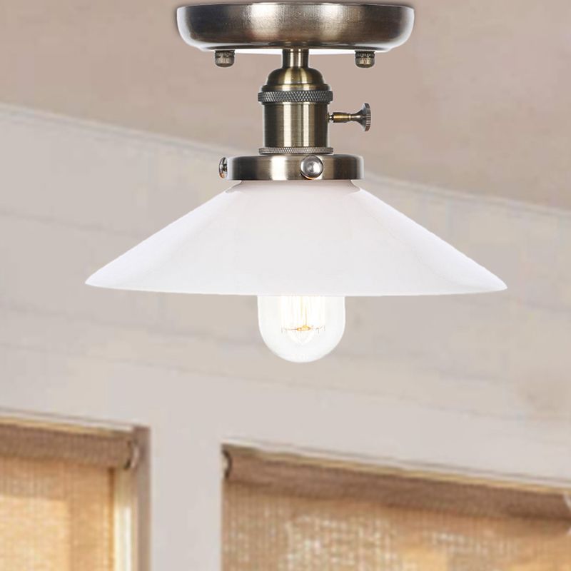 Cono / Saucer Metallo Semi Flush Montaggio Industrial 1 Bulb Living Room Light Fixture in bianco / Clear