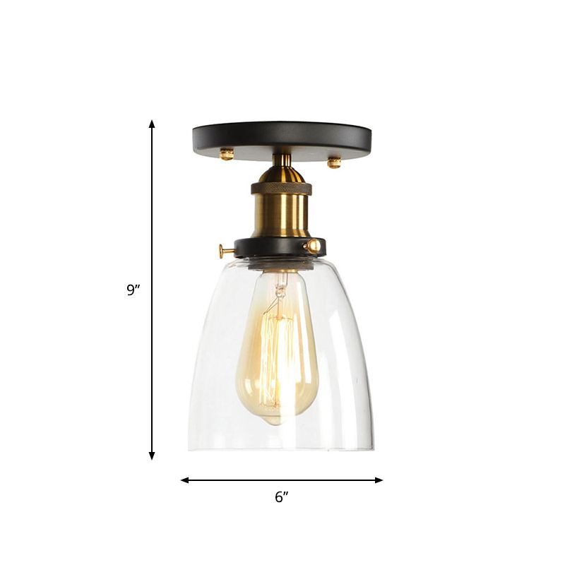 Globe/Pear Mini Corridor Semi Flush Light Farmhouse Clear/Clear Ribbed Glass 1 Head Black and Brass Ceiling Lamp