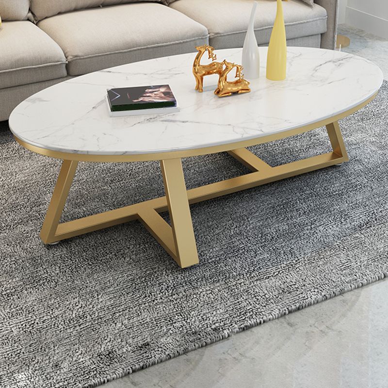 Glam Metal Cross Legs Coffee Table Faux Marble/Slate Oval Coffee Table