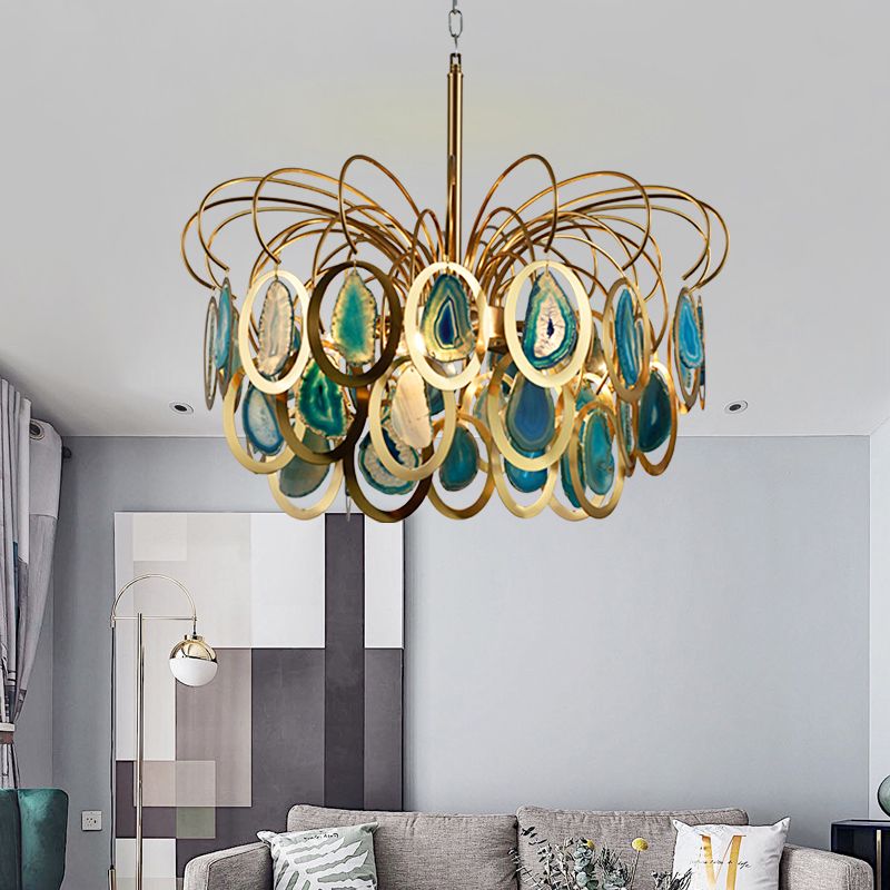 Green Peacock Feather Chandelier Light Modern 5-Head Iron Ceiling Hanging Pendant with Agates
